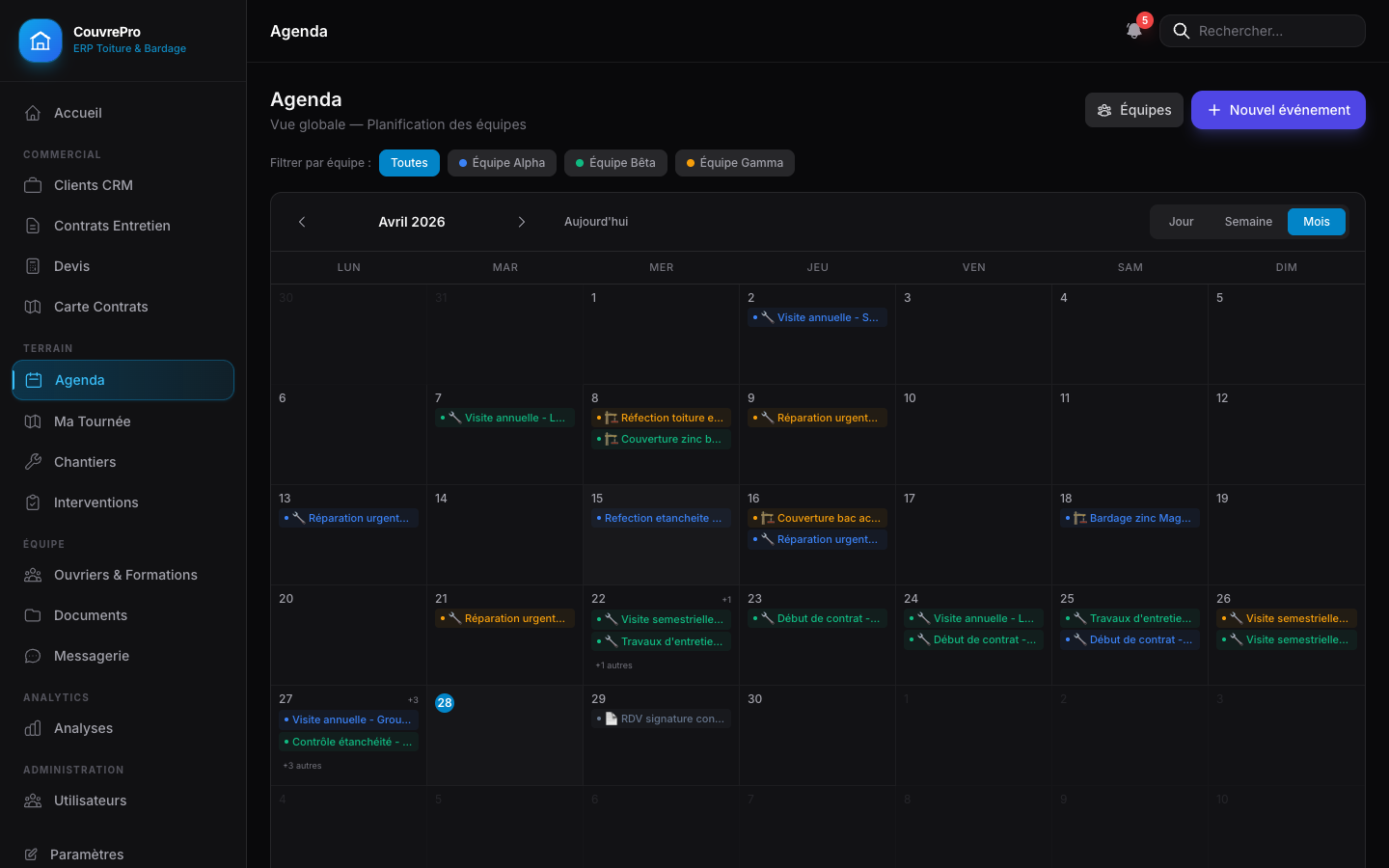 Aperçu de l'interface de gestion ElviaBati