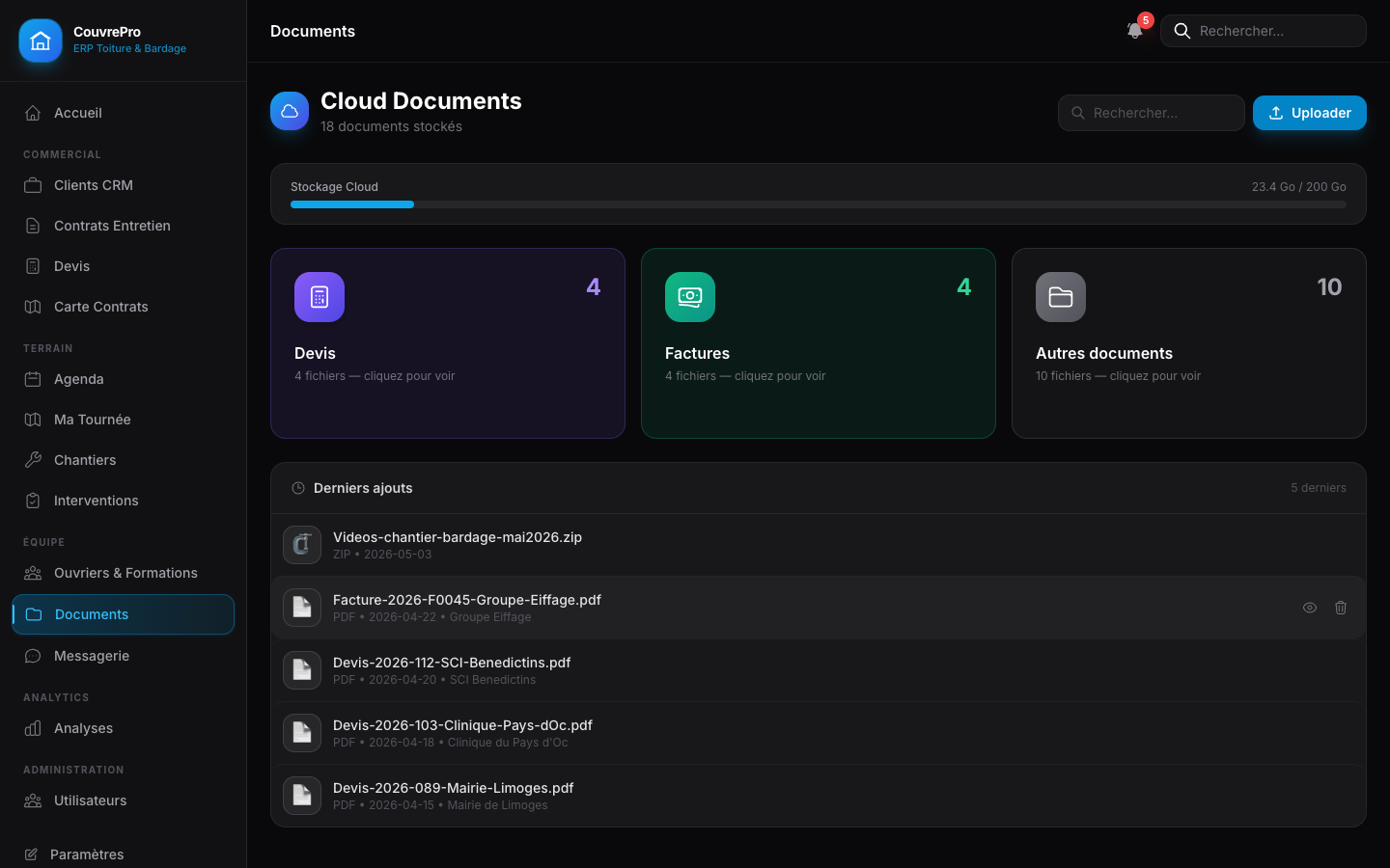 Aperçu de l'interface de gestion ElviaBati