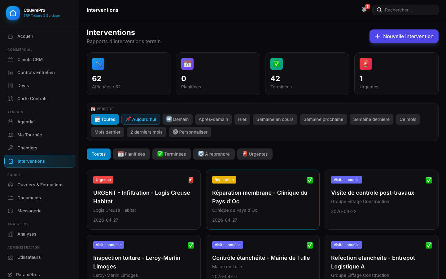 Aperçu de l'interface de gestion ElviaBati